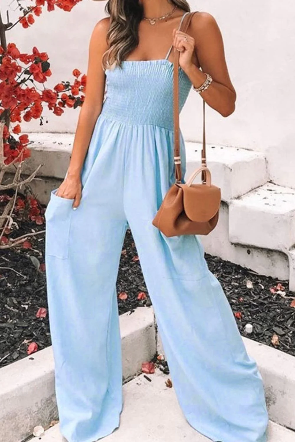 Smocked Spaghetti Strap Wide Leg Jumpsuit - Image 13