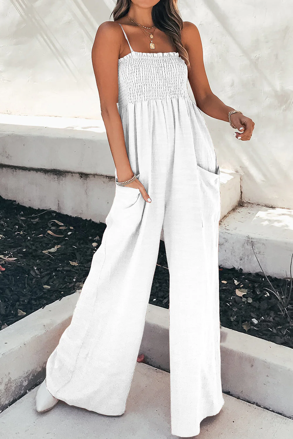 Smocked Spaghetti Strap Wide Leg Jumpsuit - Image 4