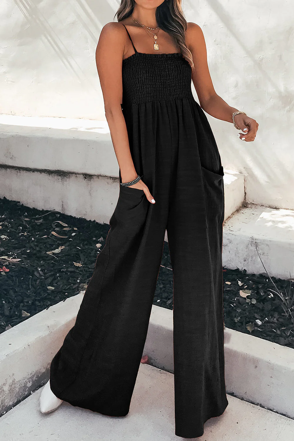 Smocked Spaghetti Strap Wide Leg Jumpsuit - Image 7