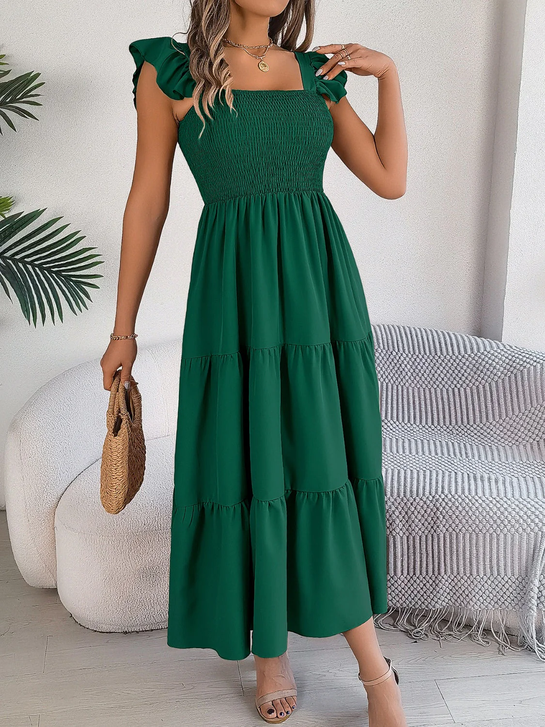 Smocked Square Neck Cap Sleeve Midi Dress - Image 10
