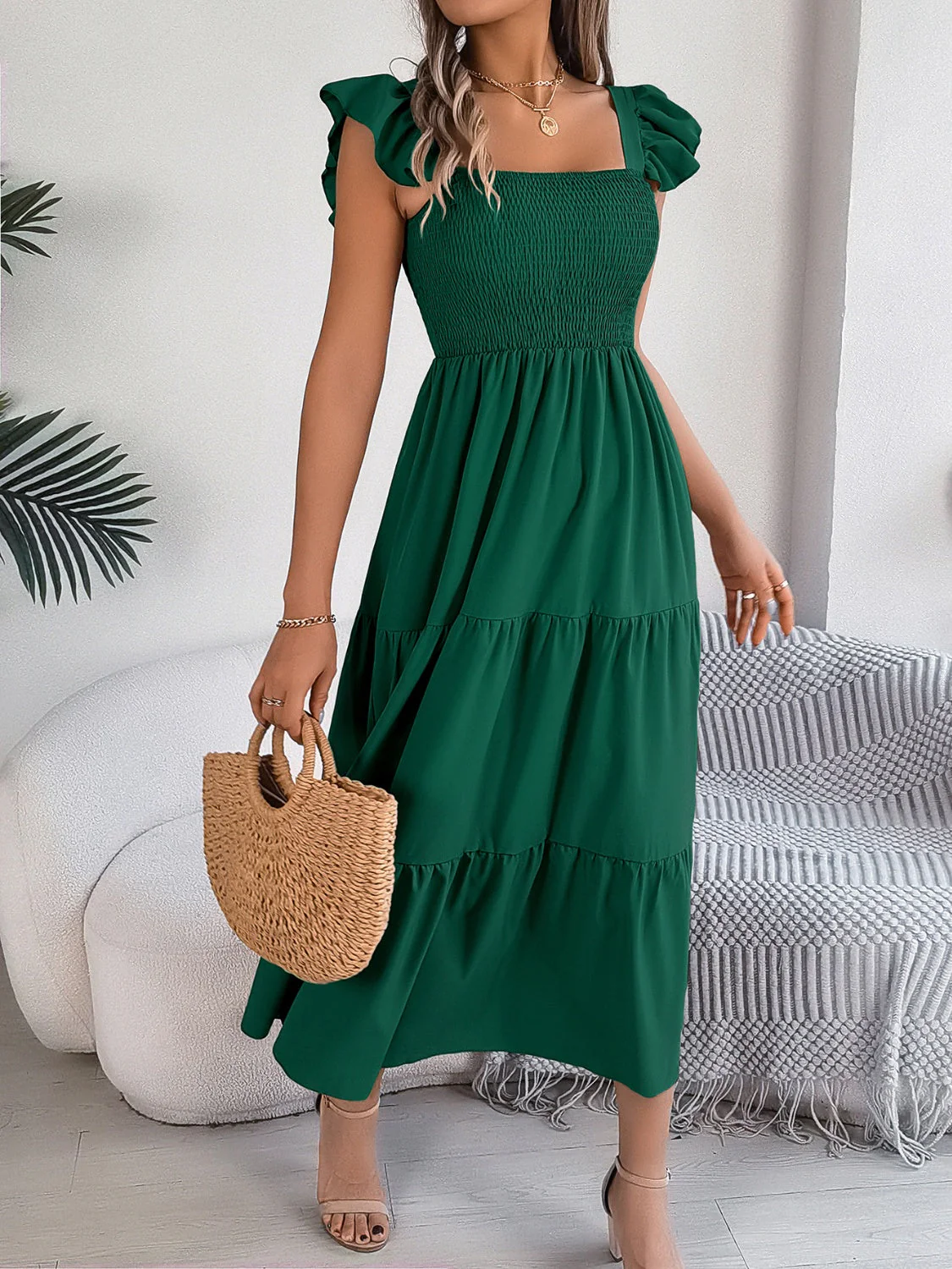 Smocked Square Neck Cap Sleeve Midi Dress - Image 11