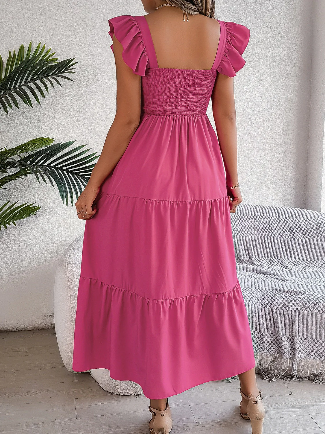 Smocked Square Neck Cap Sleeve Midi Dress - Image 13