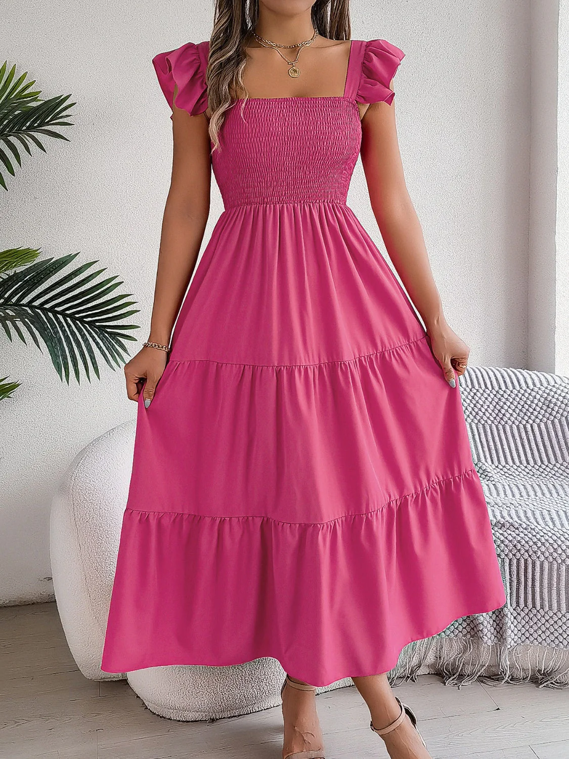 Smocked Square Neck Cap Sleeve Midi Dress - Image 15