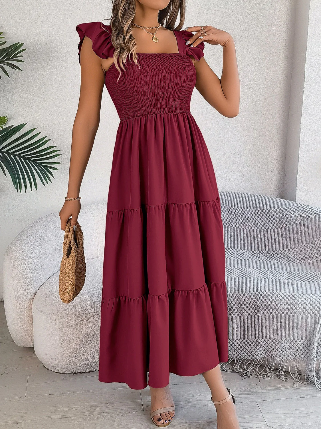 Smocked Square Neck Cap Sleeve Midi Dress - Image 18