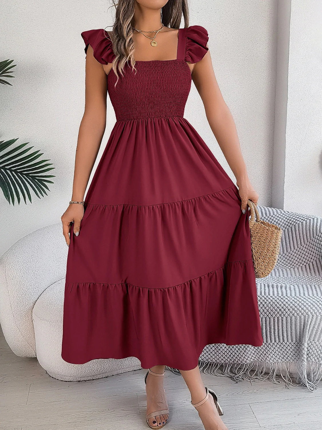Smocked Square Neck Cap Sleeve Midi Dress - Image 19