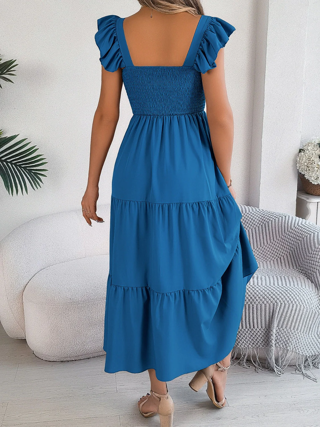 Smocked Square Neck Cap Sleeve Midi Dress - Image 2