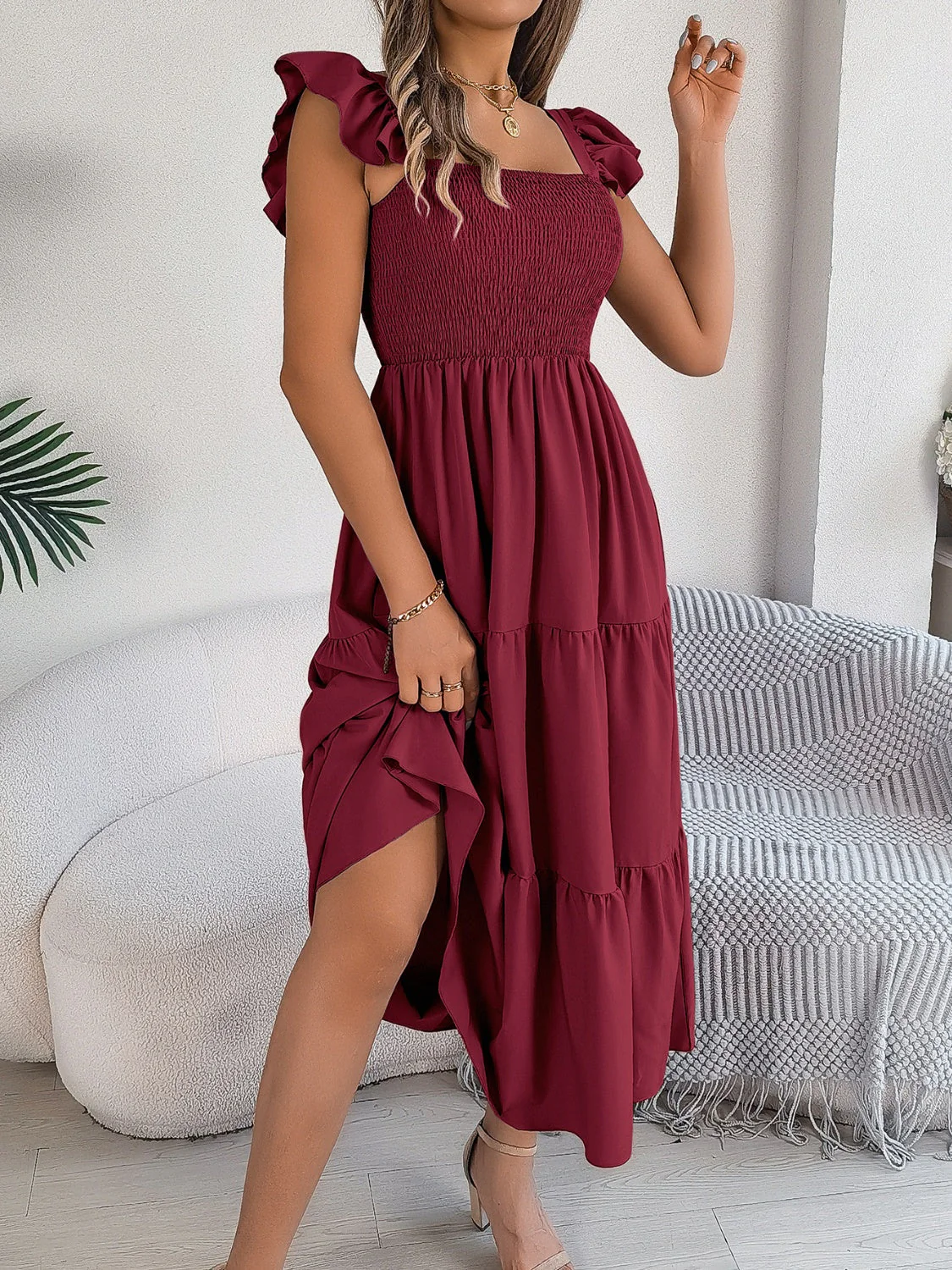 Smocked Square Neck Cap Sleeve Midi Dress - Image 20
