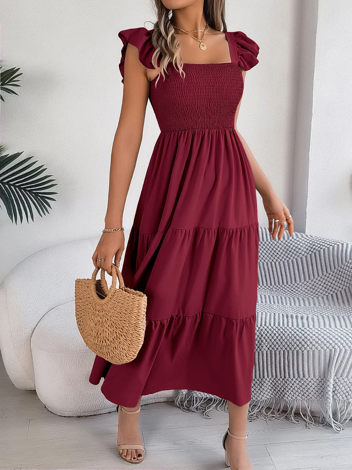 Smocked Square Neck Cap Sleeve Midi Dress - Image 21