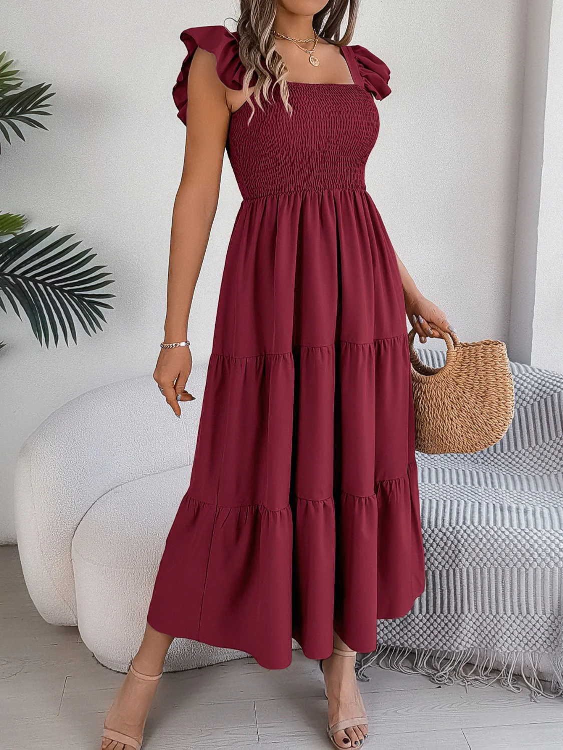 Smocked Square Neck Cap Sleeve Midi Dress - Image 22