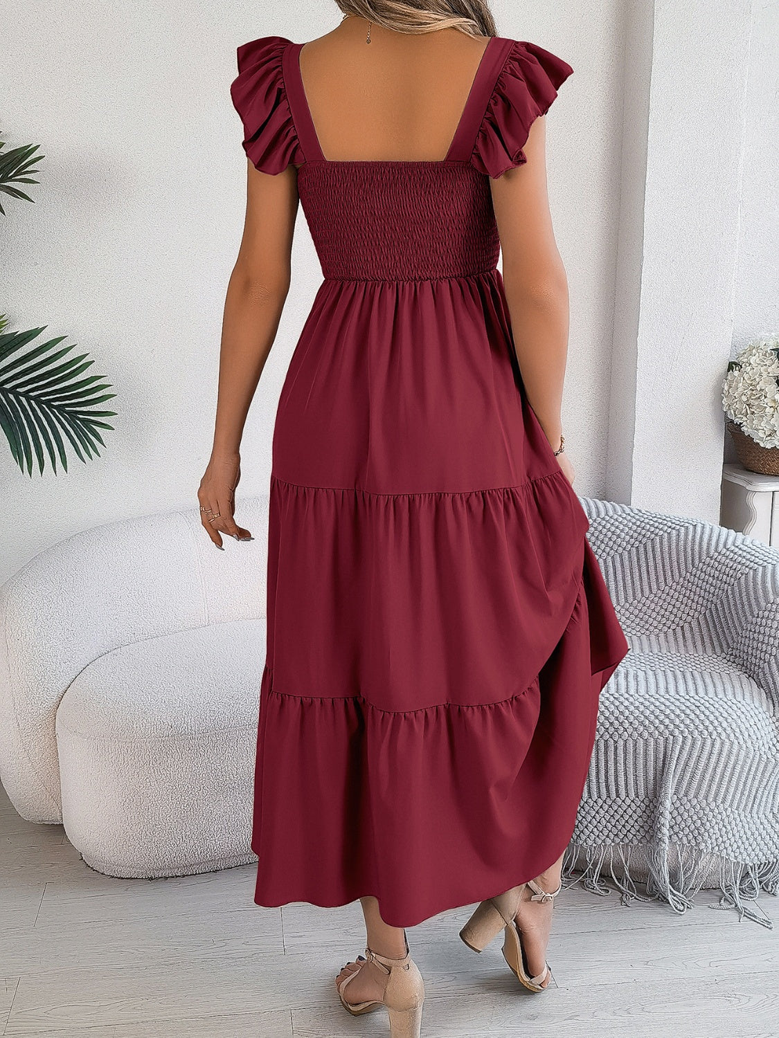 Smocked Square Neck Cap Sleeve Midi Dress - Image 23