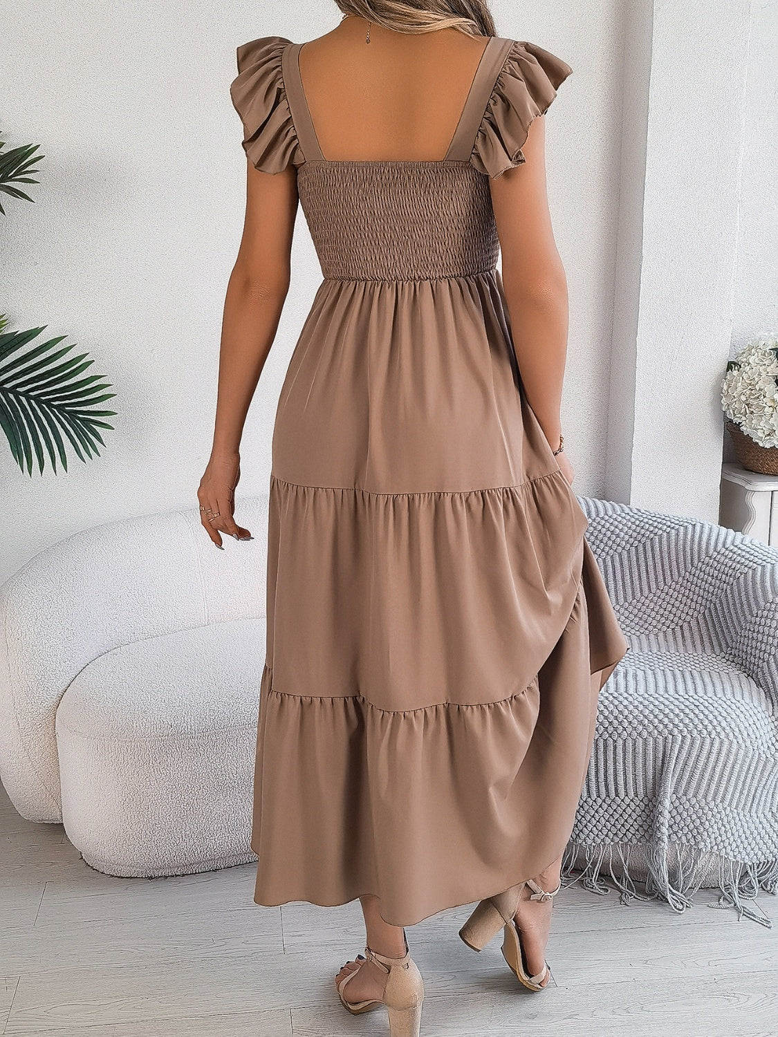 Smocked Square Neck Cap Sleeve Midi Dress - Image 24