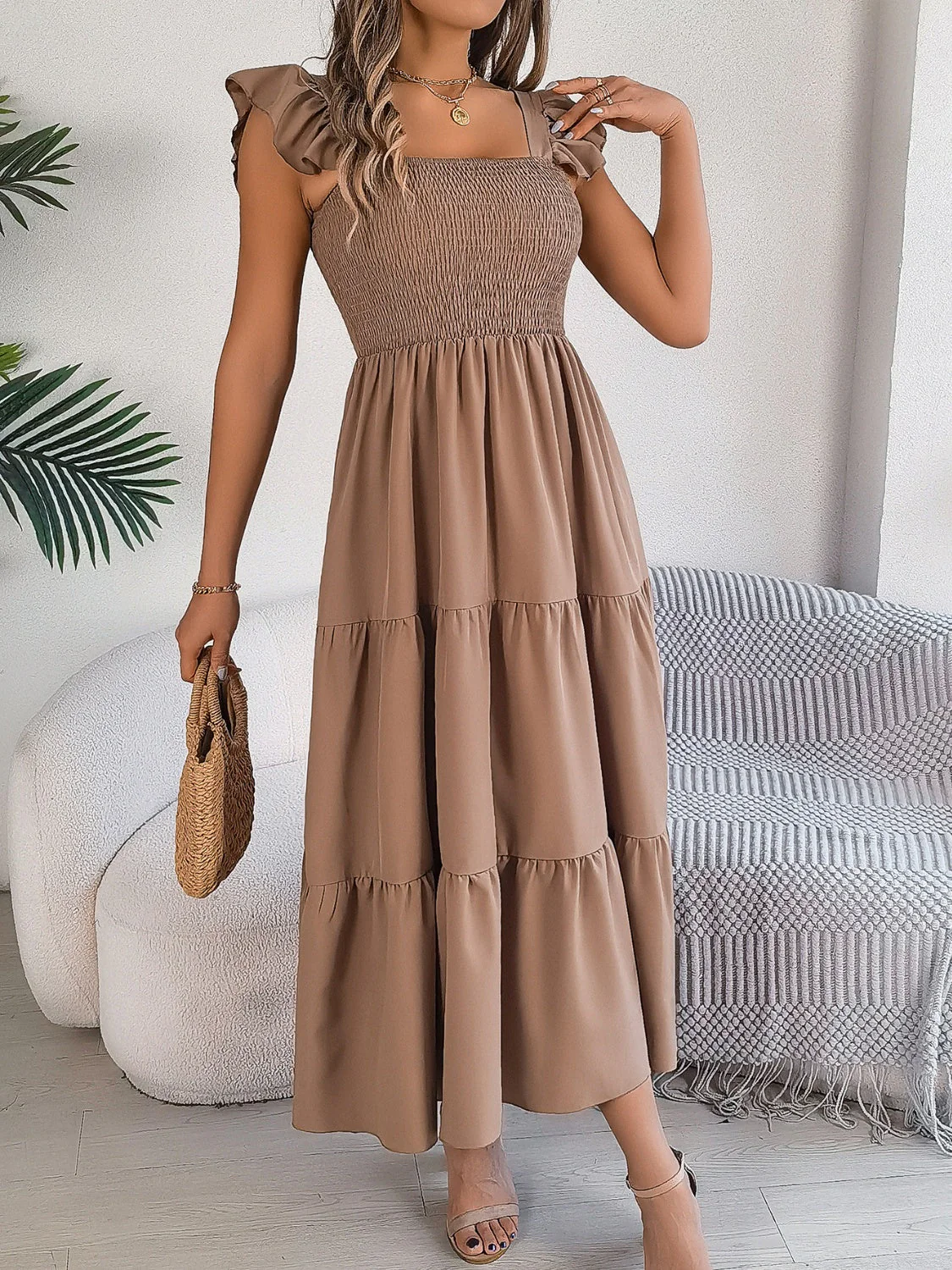 Smocked Square Neck Cap Sleeve Midi Dress - Image 26