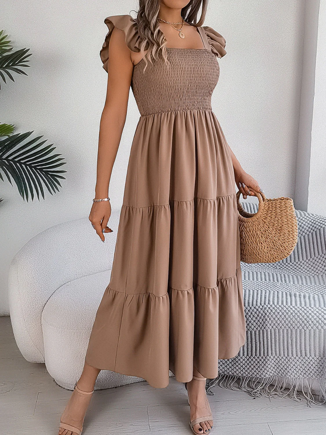 Smocked Square Neck Cap Sleeve Midi Dress - Image 29
