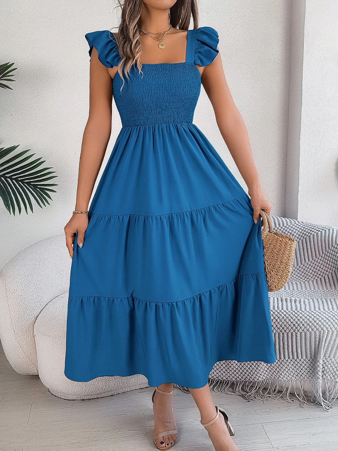 Smocked Square Neck Cap Sleeve Midi Dress - Image 4