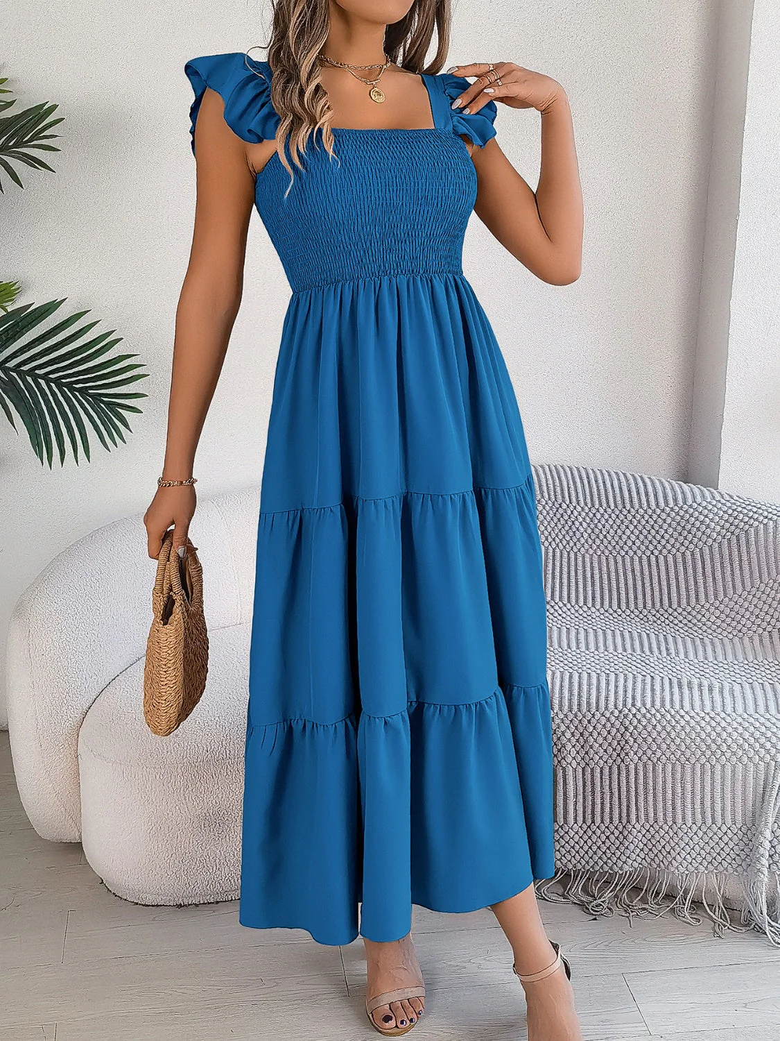 Smocked Square Neck Cap Sleeve Midi Dress - Image 6
