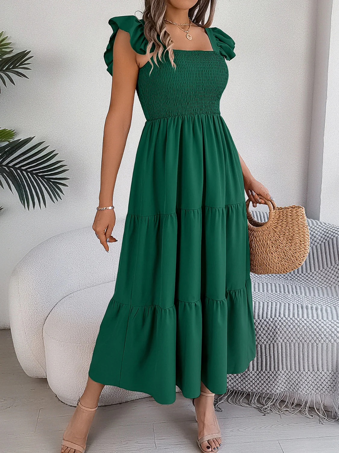 Smocked Square Neck Cap Sleeve Midi Dress - Image 7