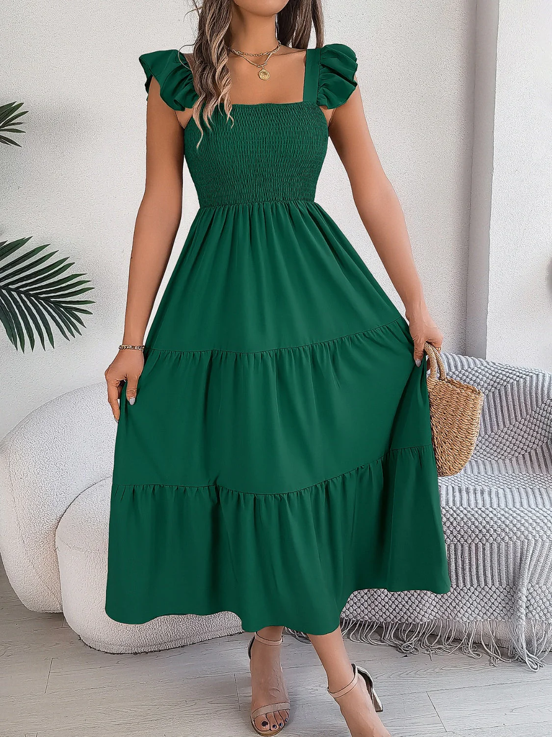 Smocked Square Neck Cap Sleeve Midi Dress - Image 9