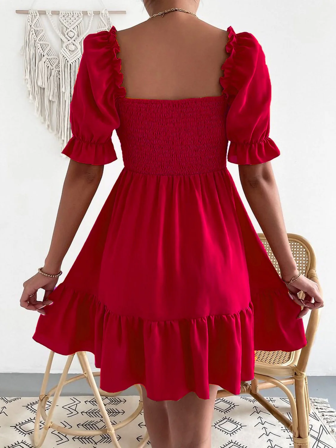 Smocked Square Neck Short Sleeve Dress - Image 10