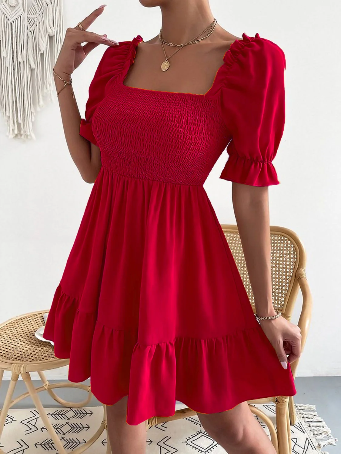 Smocked Square Neck Short Sleeve Dress - Image 11