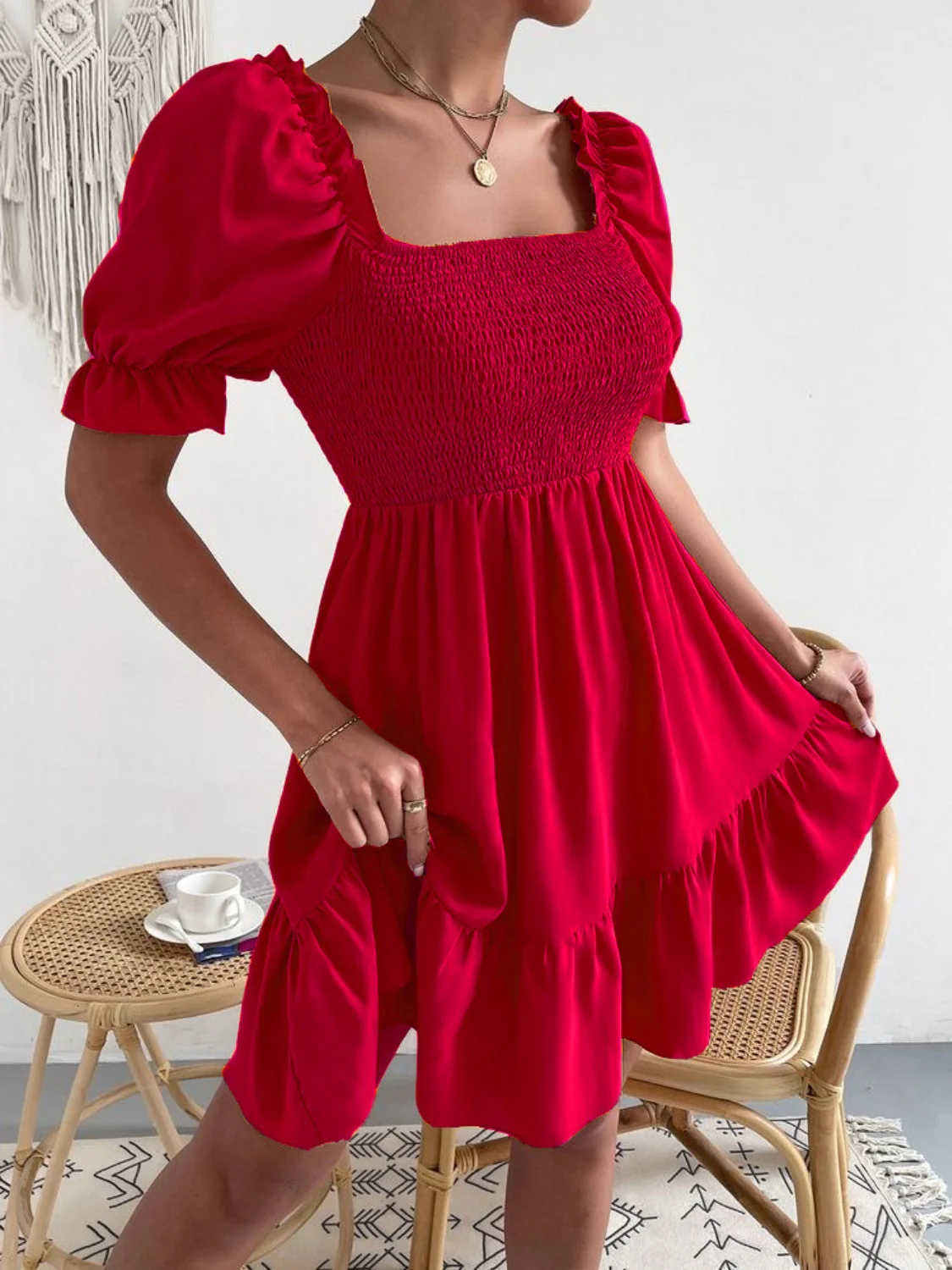 Smocked Square Neck Short Sleeve Dress - Image 12