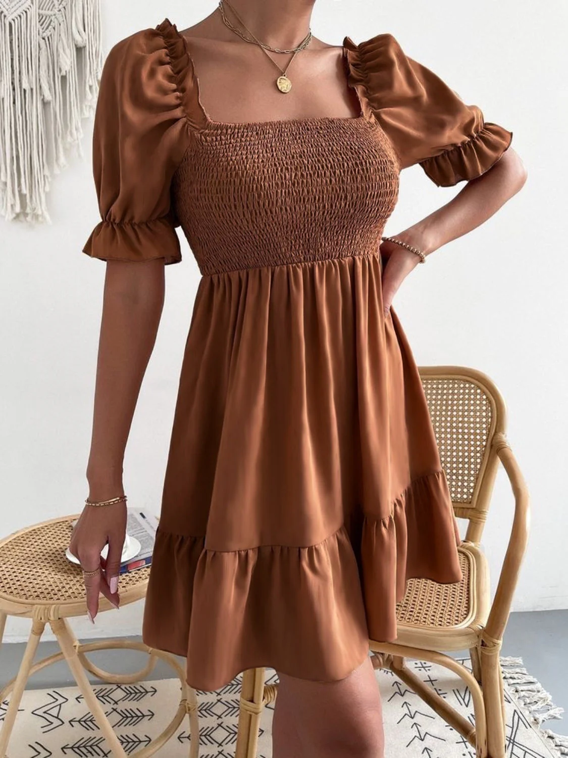 Smocked Square Neck Short Sleeve Dress - Image 13