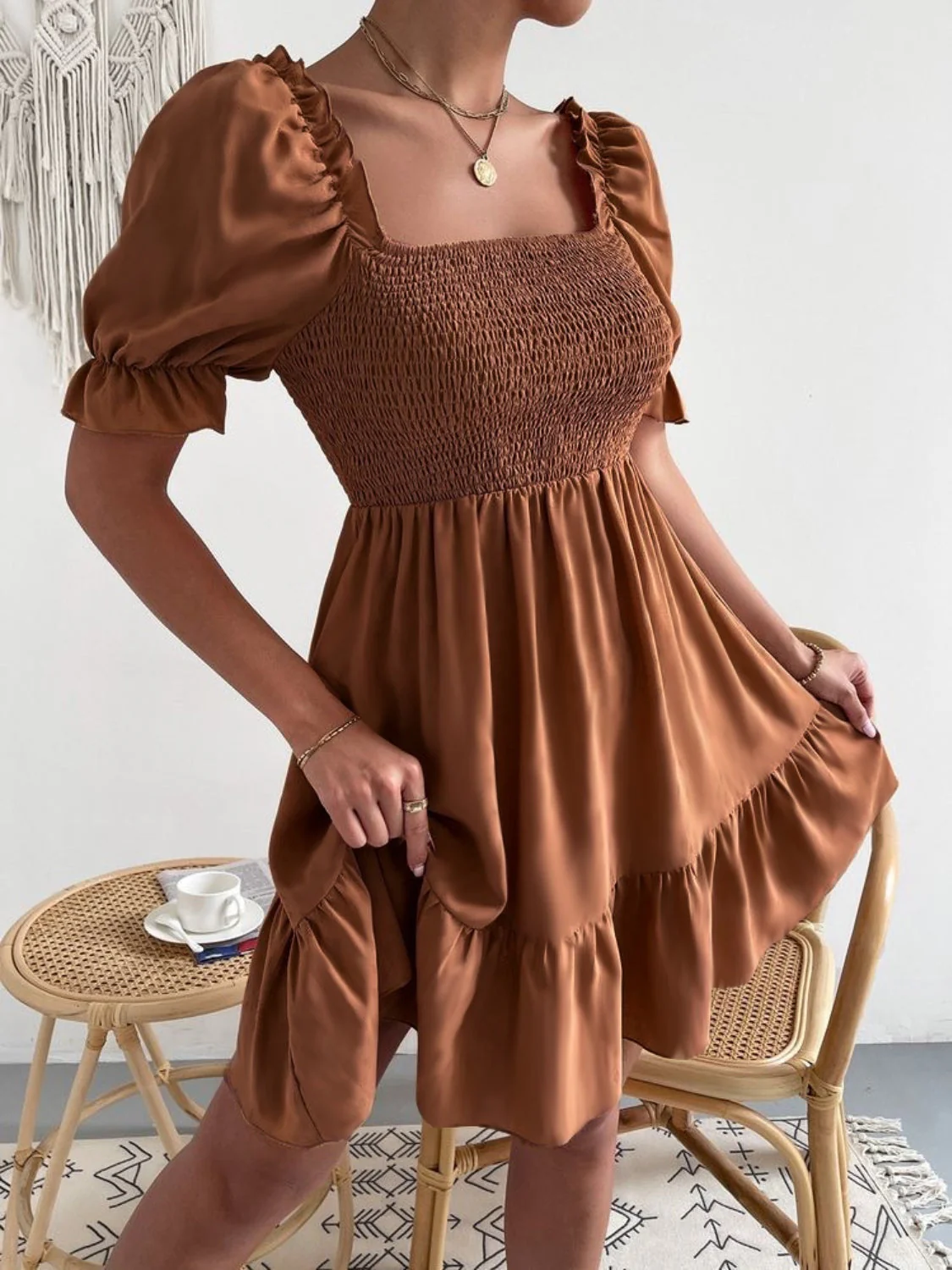 Smocked Square Neck Short Sleeve Dress - Image 15