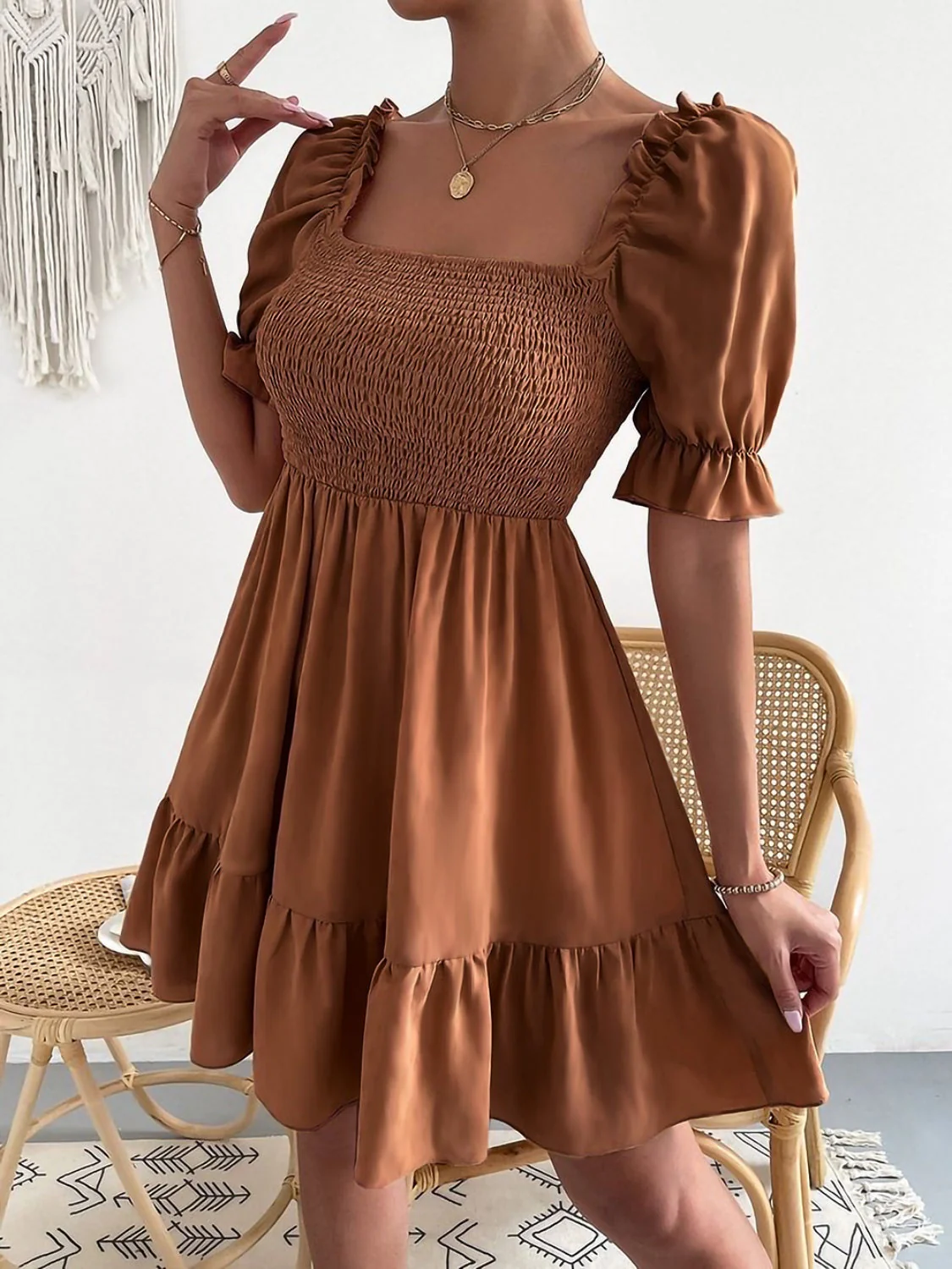 Smocked Square Neck Short Sleeve Dress - Image 16