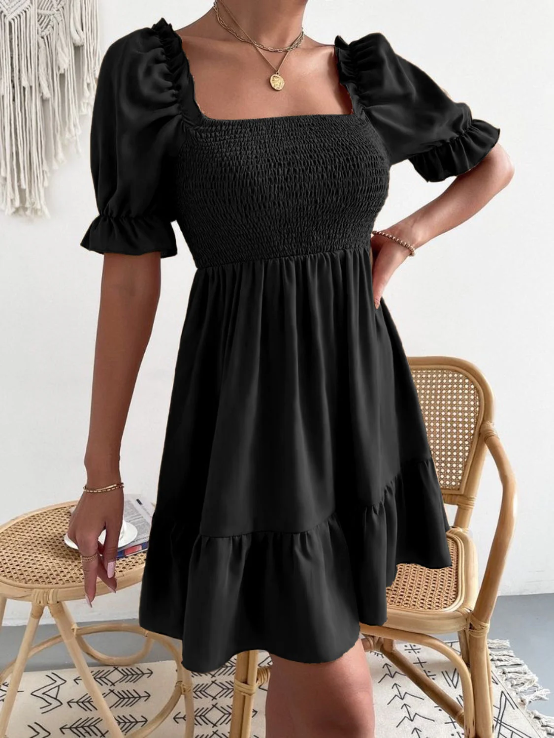 Smocked Square Neck Short Sleeve Dress - Image 17