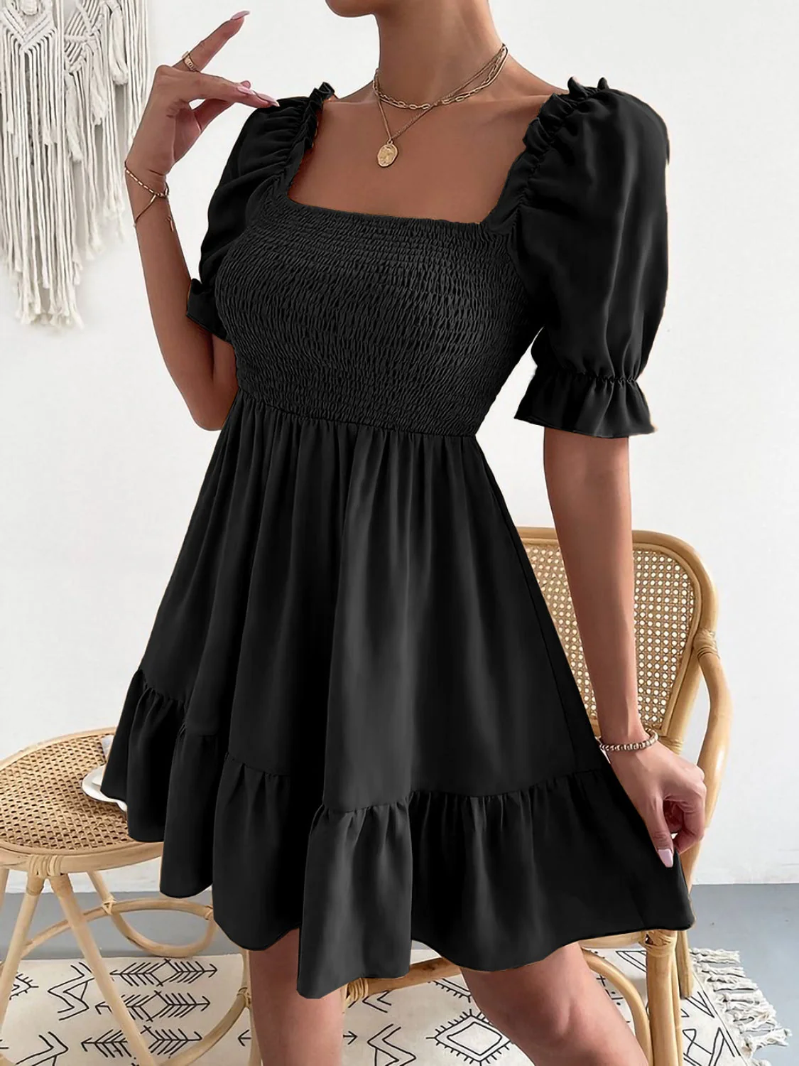 Smocked Square Neck Short Sleeve Dress - Image 19