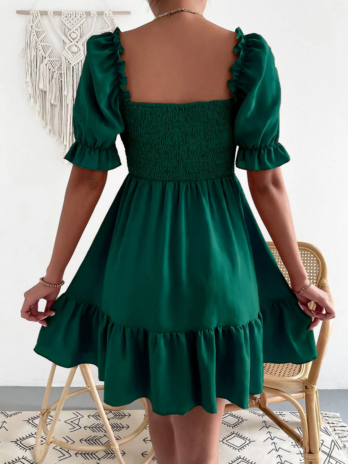 Smocked Square Neck Short Sleeve Dress - Image 2
