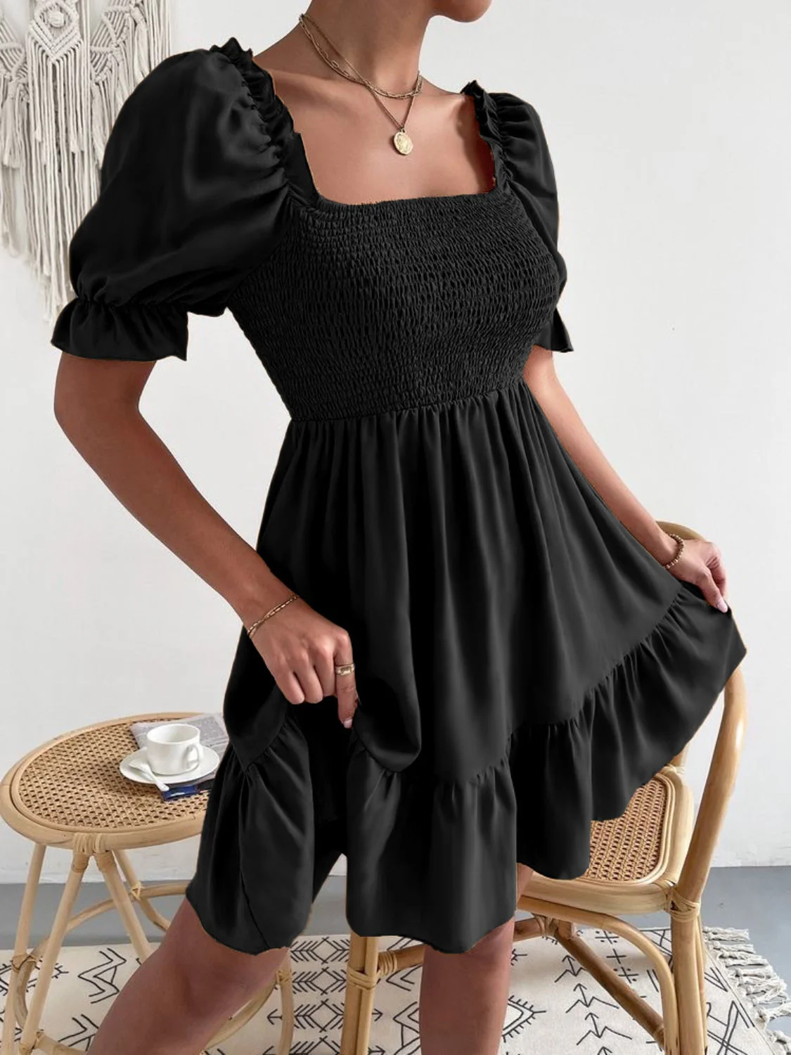 Smocked Square Neck Short Sleeve Dress - Image 20
