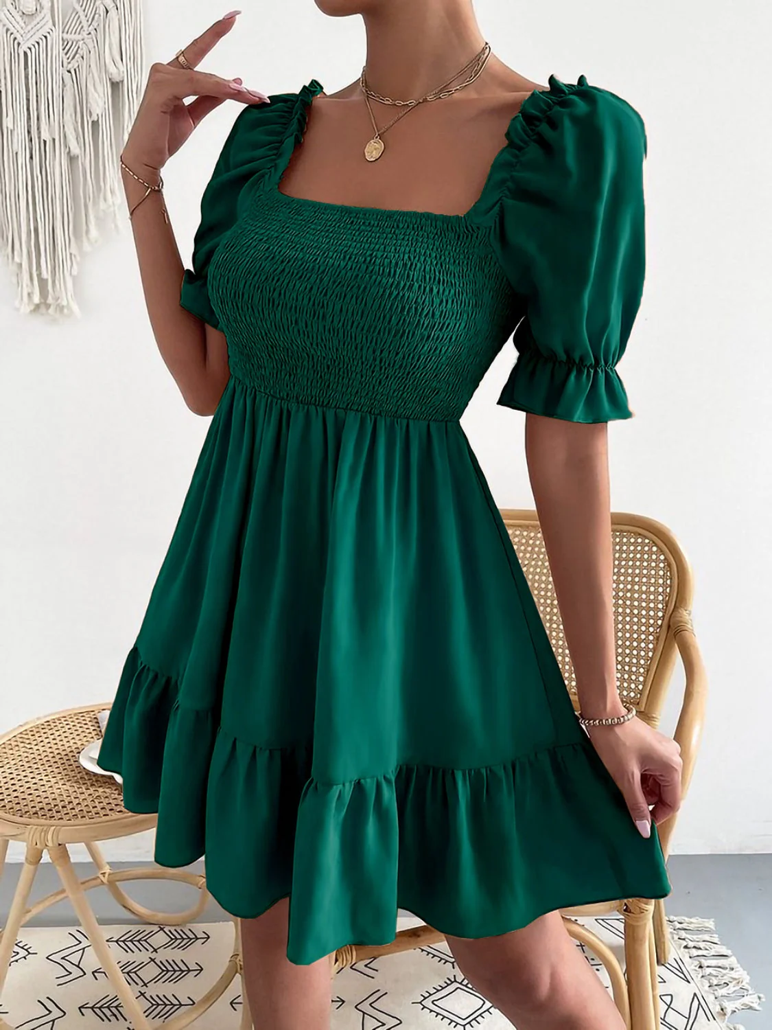 Smocked Square Neck Short Sleeve Dress - Image 3