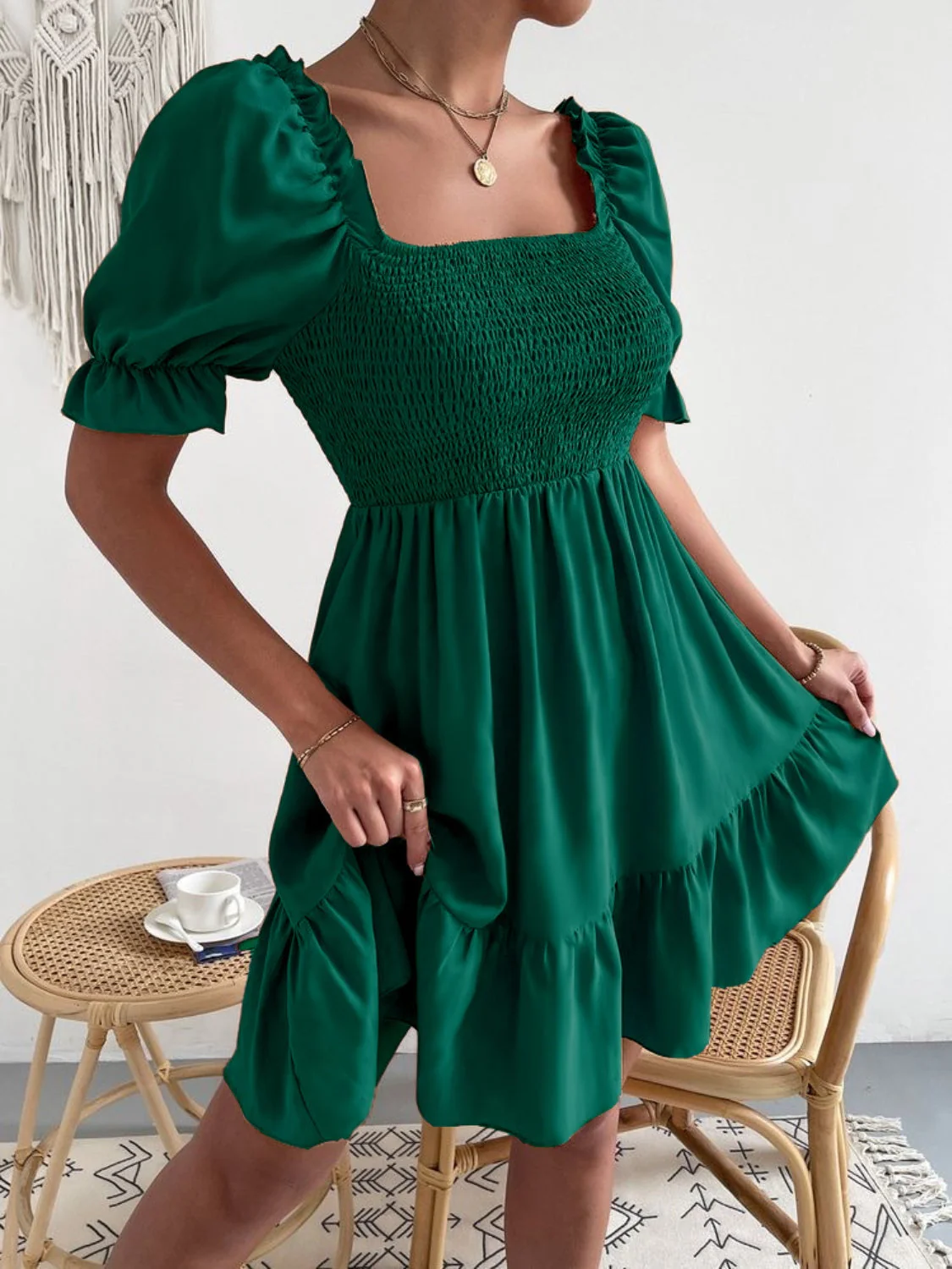 Smocked Square Neck Short Sleeve Dress - Image 4