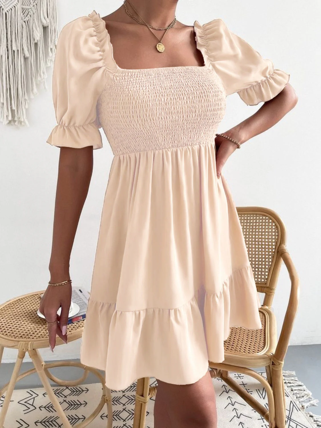 Smocked Square Neck Short Sleeve Dress - Image 5