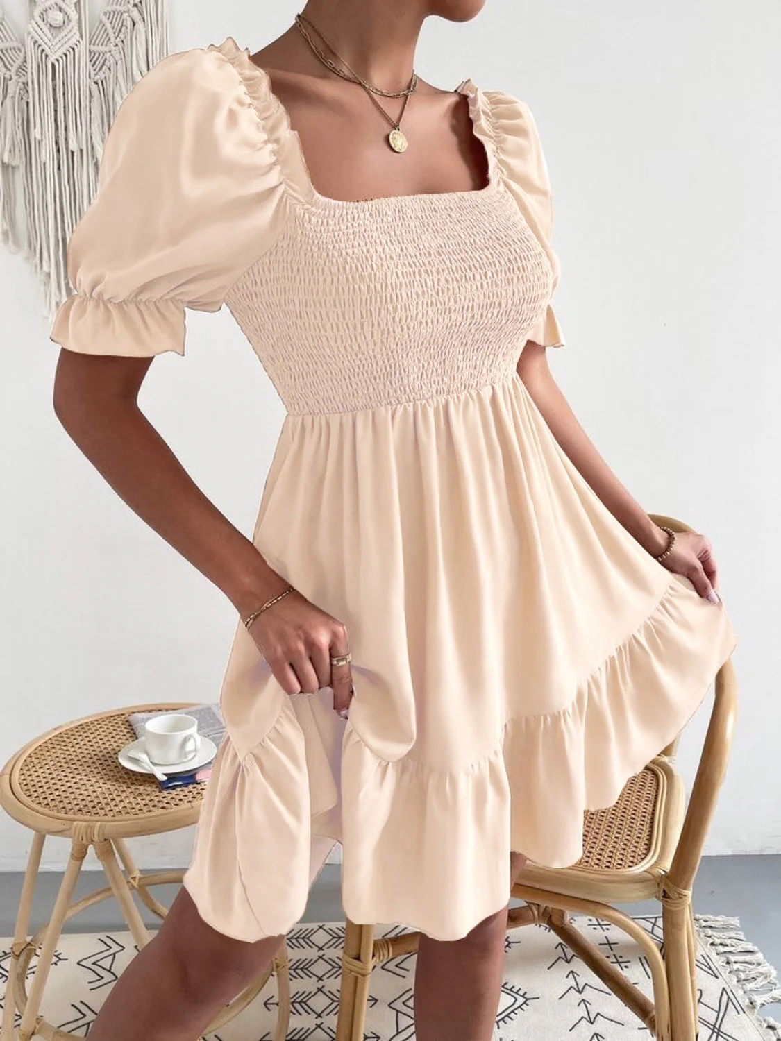 Smocked Square Neck Short Sleeve Dress - Image 7