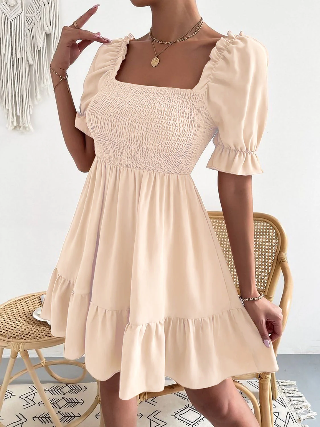 Smocked Square Neck Short Sleeve Dress - Image 8
