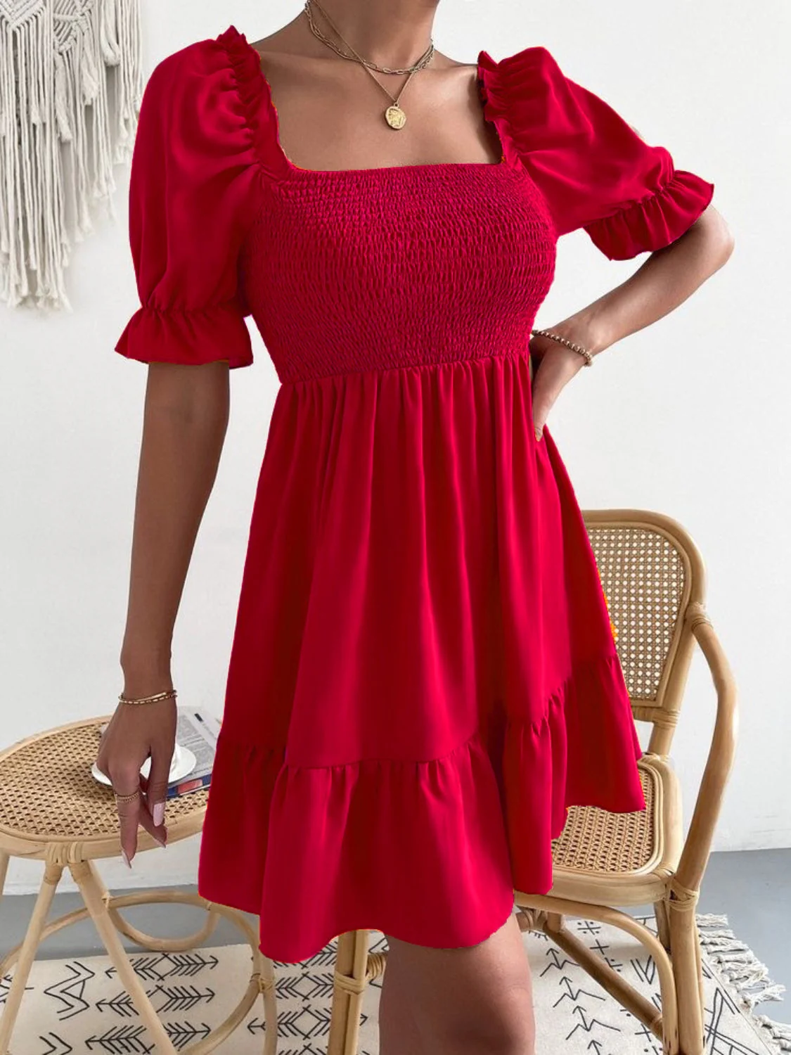 Smocked Square Neck Short Sleeve Dress - Image 9