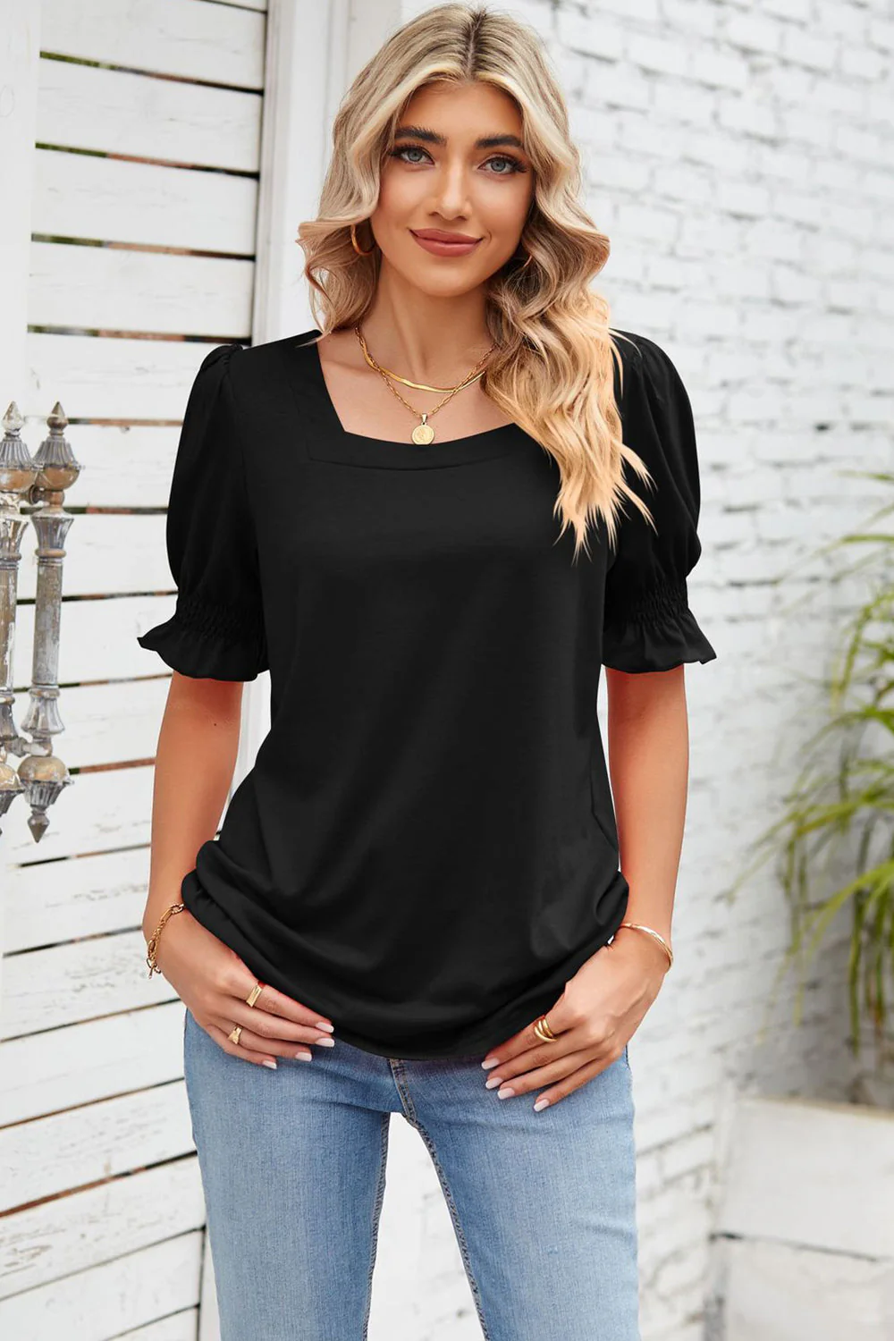 Smocked Square Neck Short Sleeve T-Shirt - Image 10
