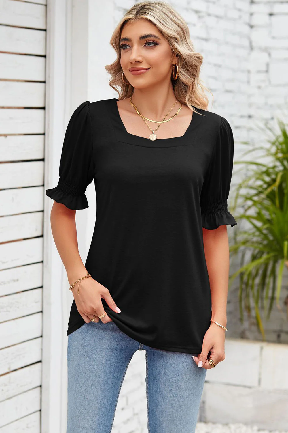 Smocked Square Neck Short Sleeve T-Shirt - Image 11