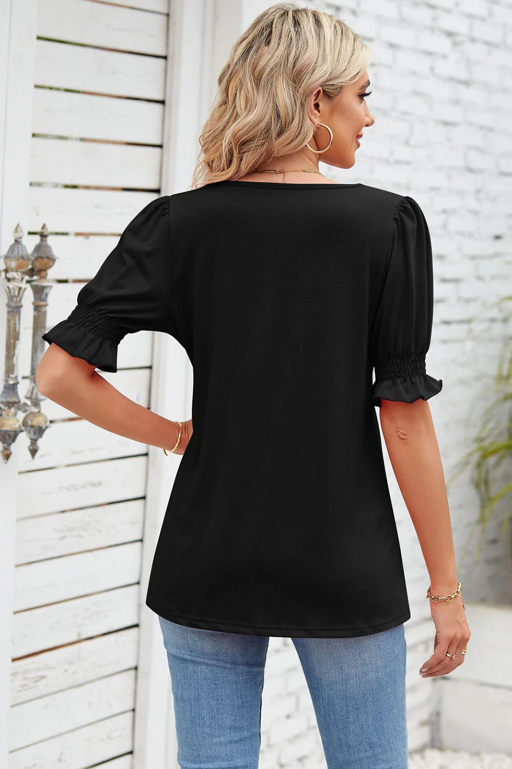 Smocked Square Neck Short Sleeve T-Shirt - Image 12