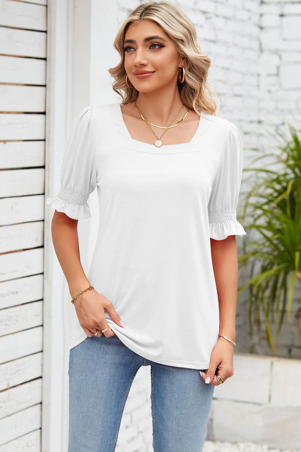 Smocked Square Neck Short Sleeve T-Shirt - Image 14