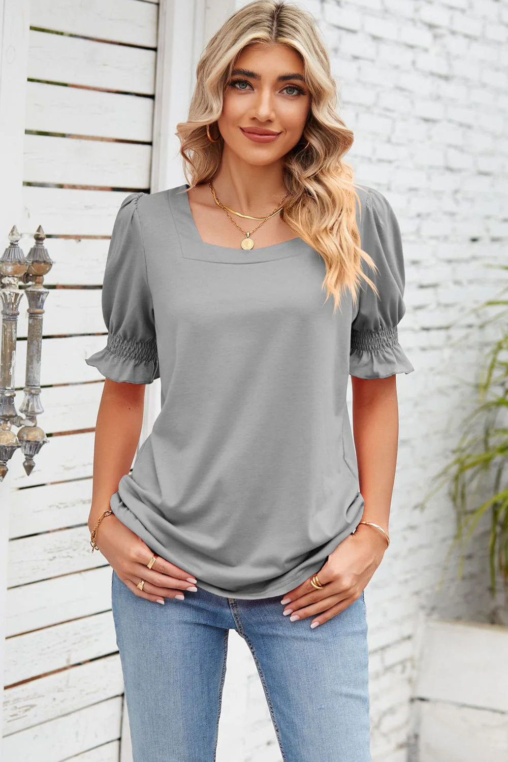 Smocked Square Neck Short Sleeve T-Shirt - Image 18