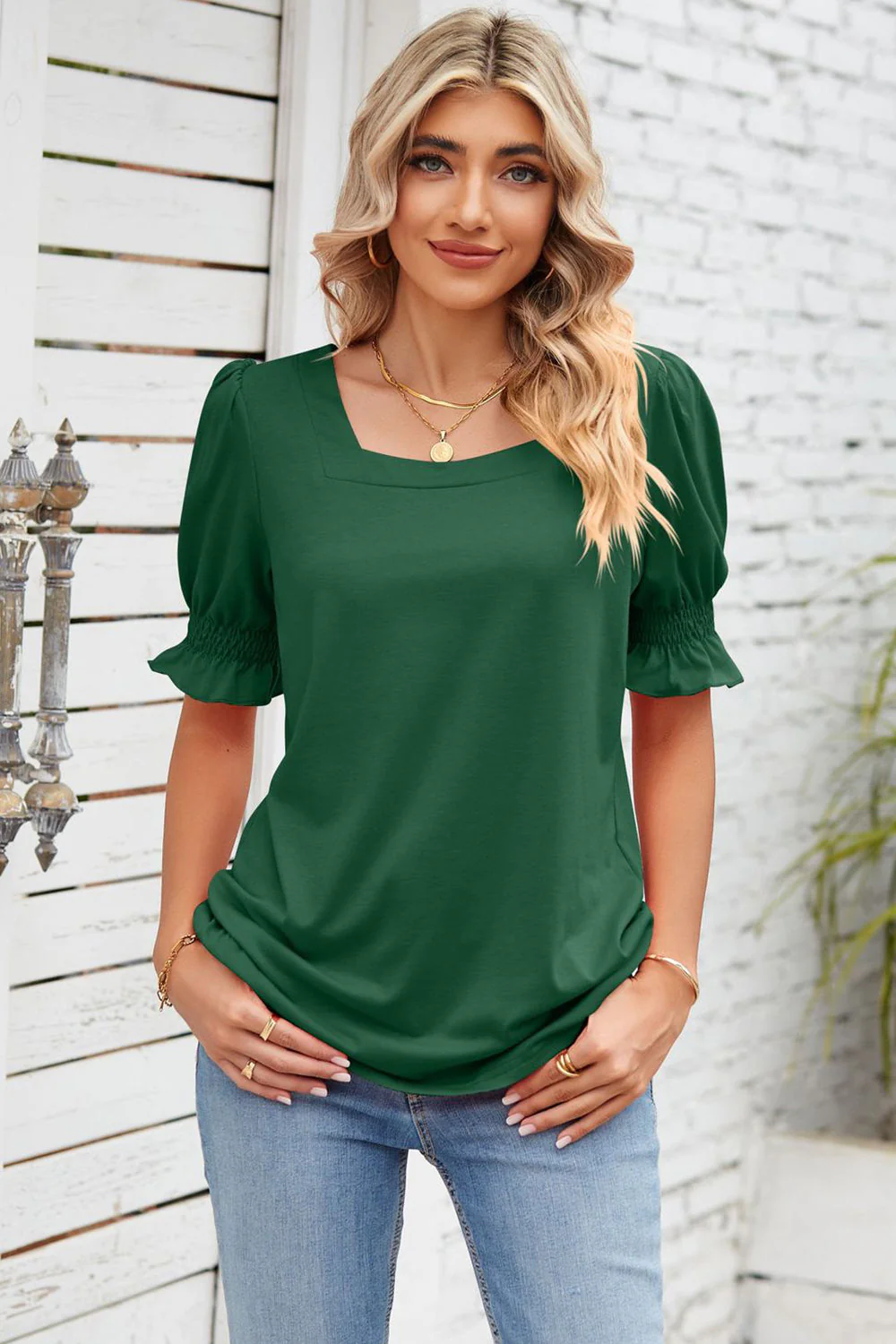 Smocked Square Neck Short Sleeve T-Shirt - Image 2