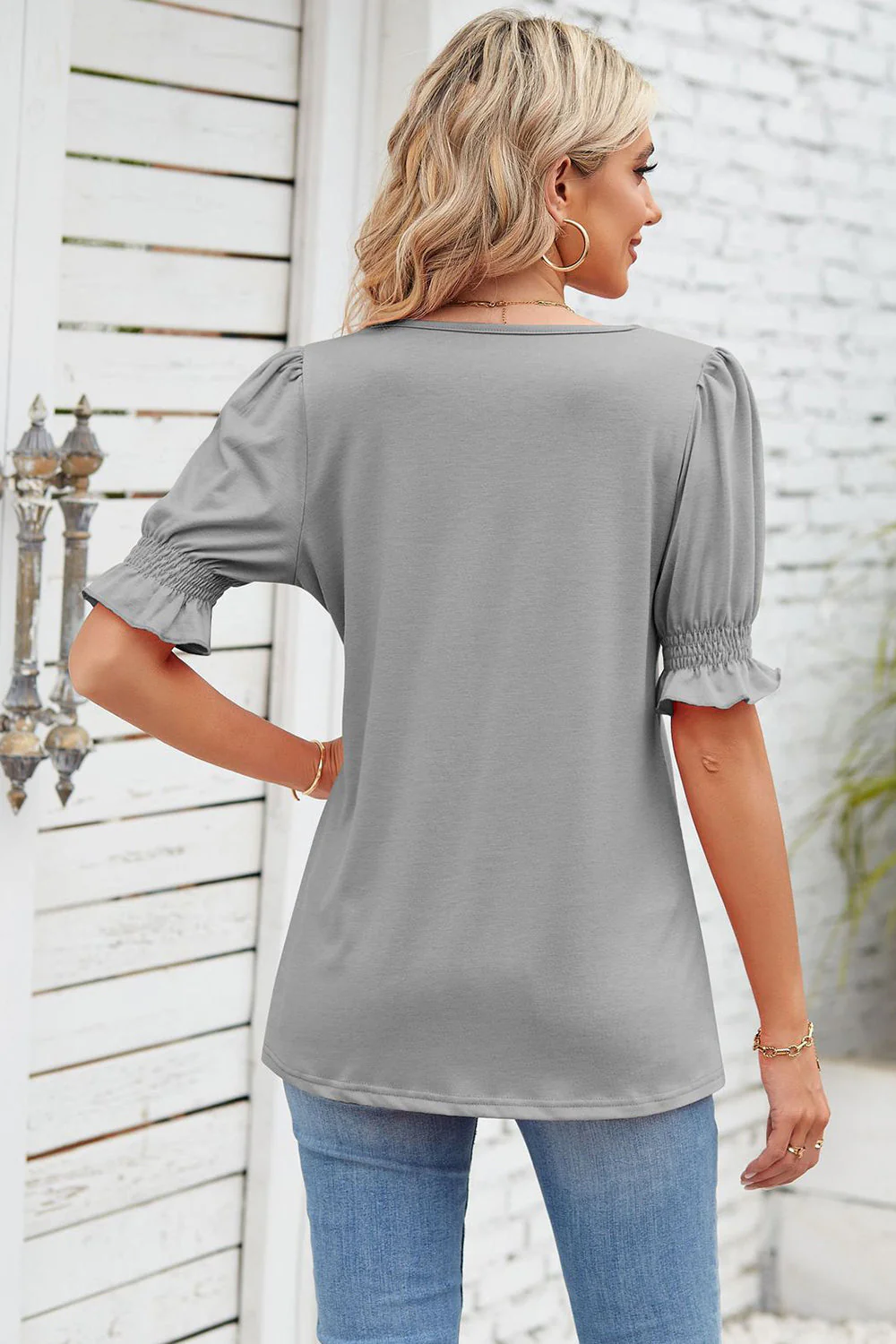 Smocked Square Neck Short Sleeve T-Shirt - Image 20