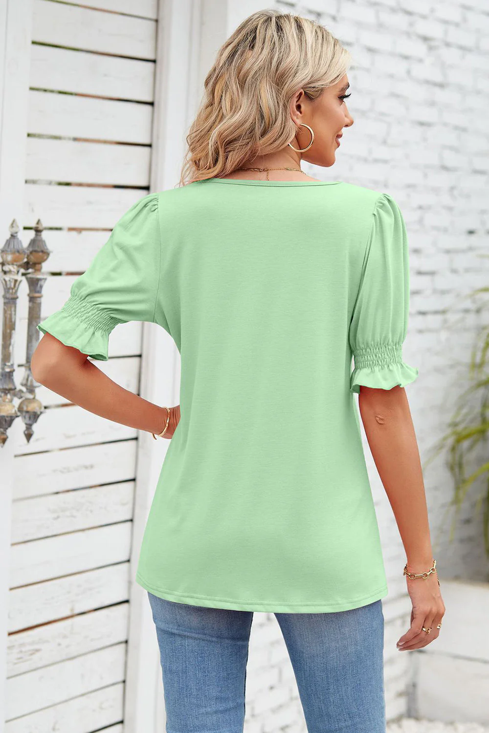 Smocked Square Neck Short Sleeve T-Shirt - Image 24