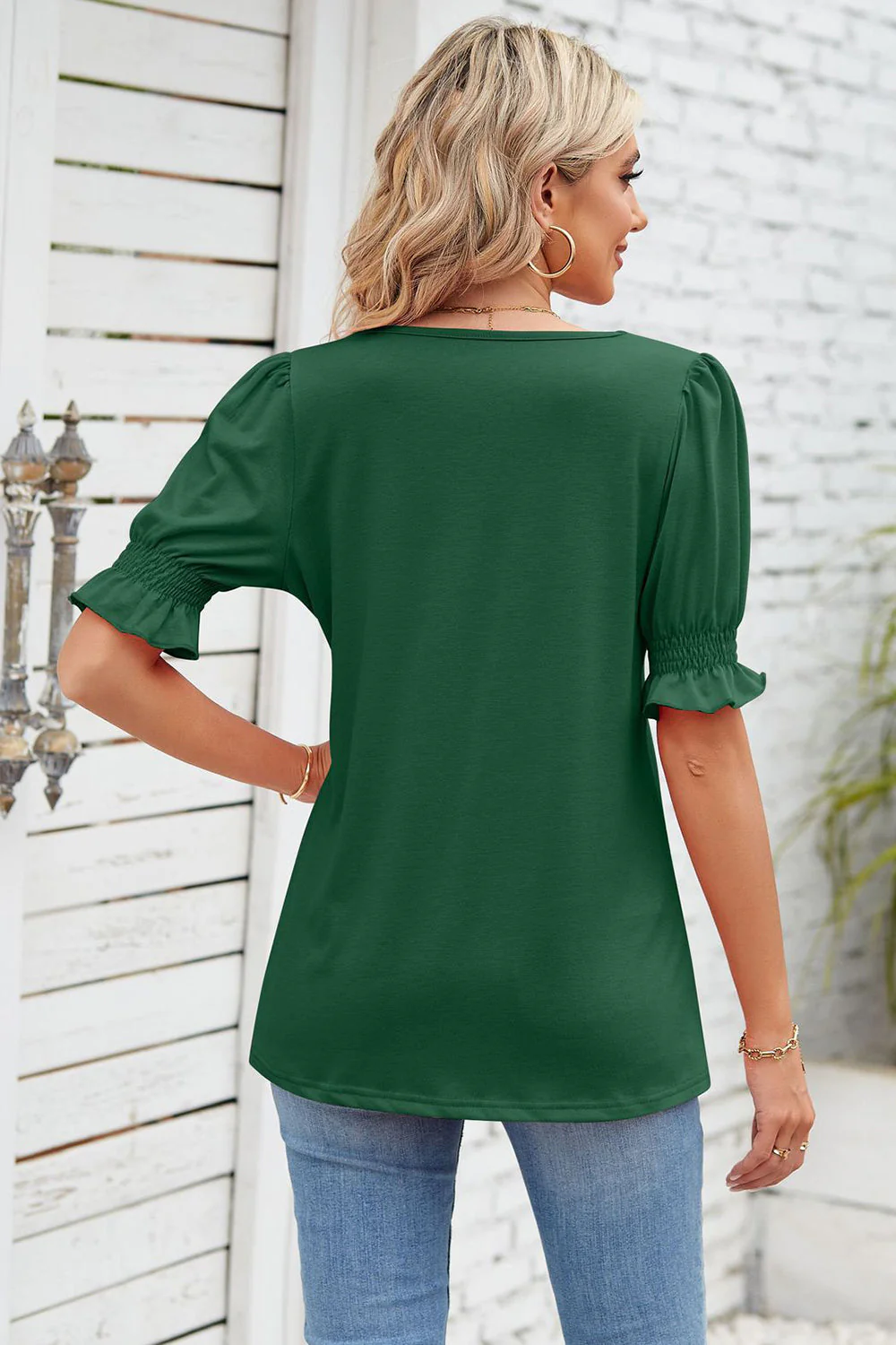 Smocked Square Neck Short Sleeve T-Shirt - Image 4
