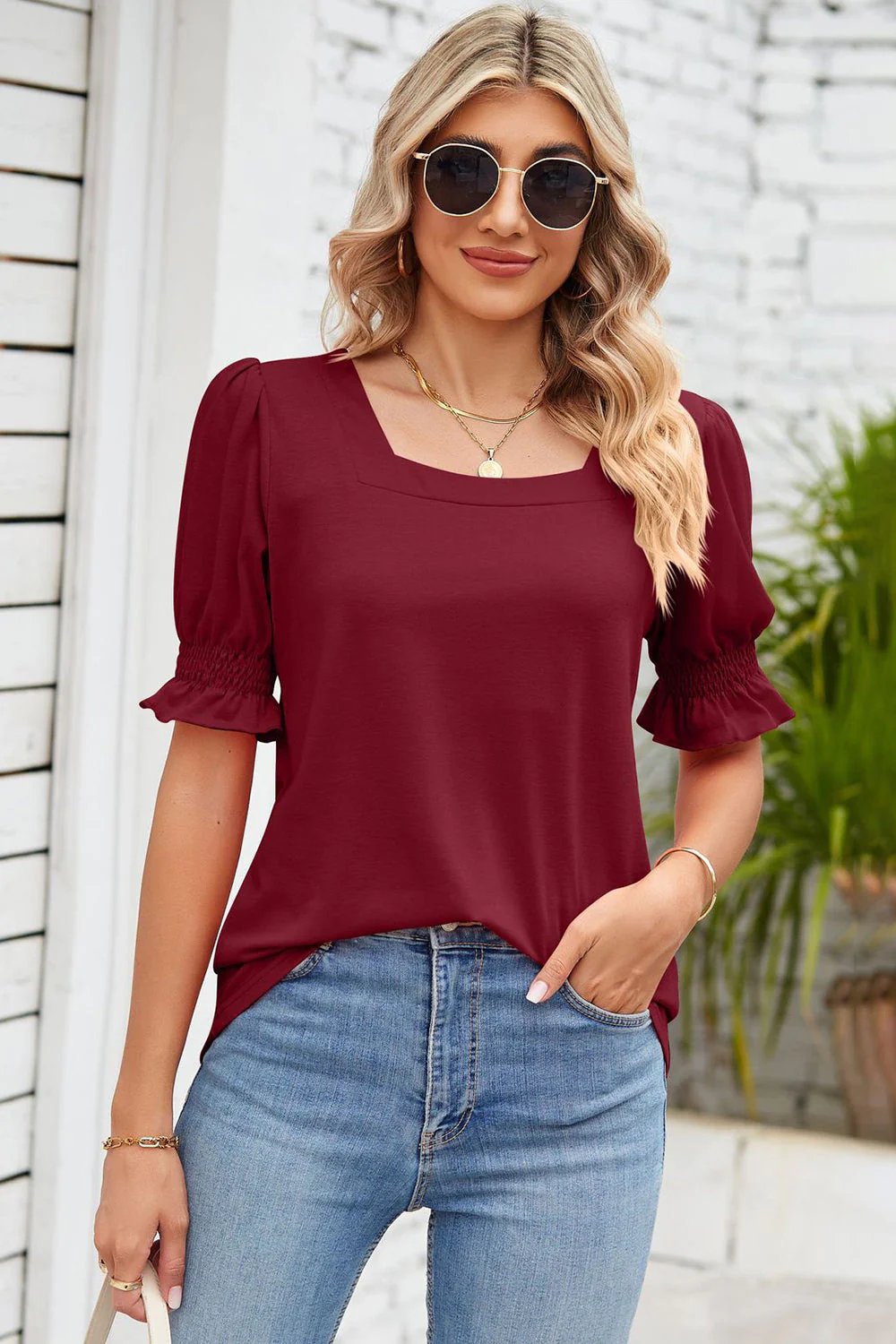 Smocked Square Neck Short Sleeve T-Shirt - Image 5