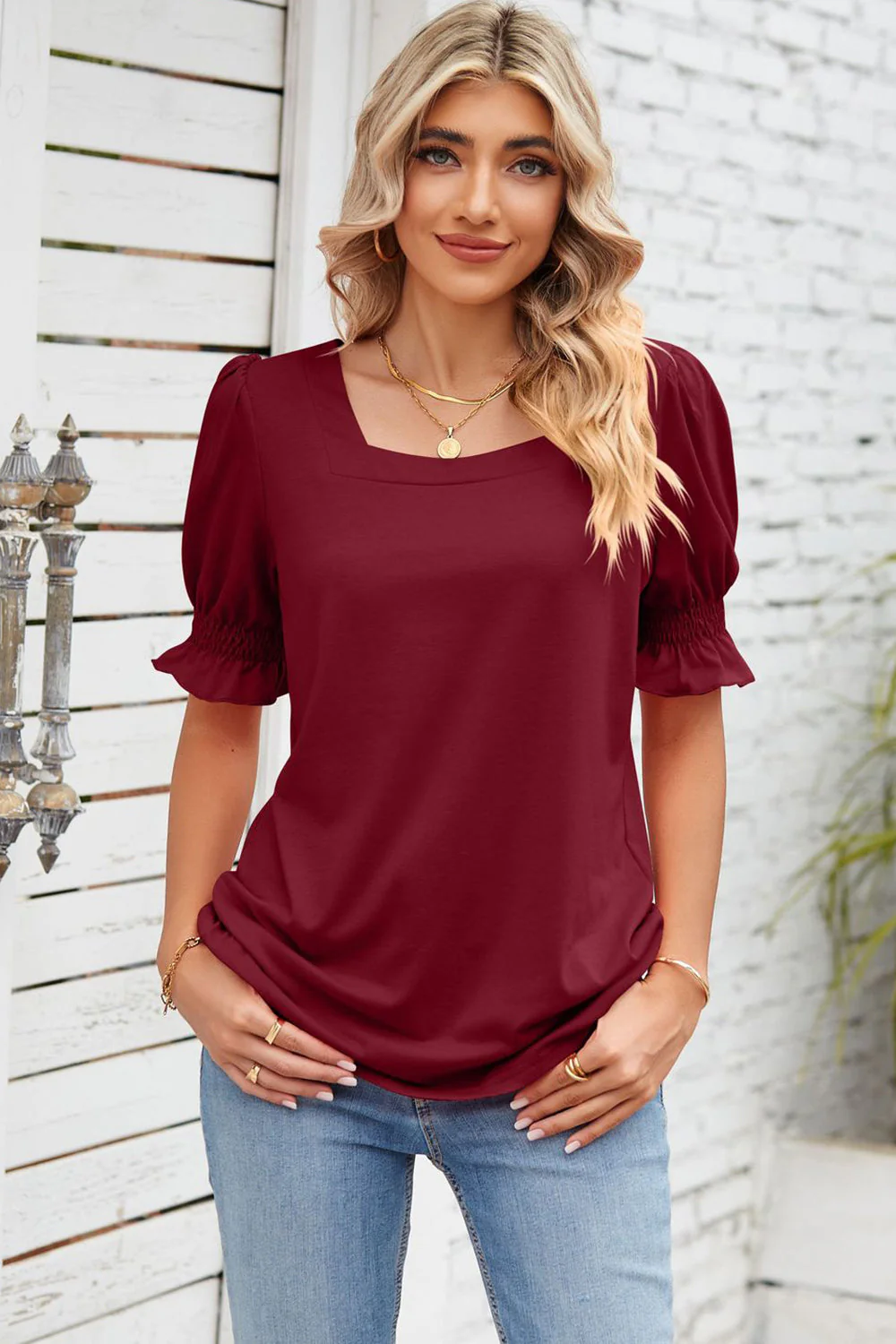 Smocked Square Neck Short Sleeve T-Shirt - Image 6