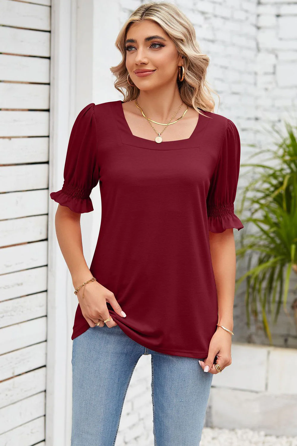 Smocked Square Neck Short Sleeve T-Shirt - Image 7