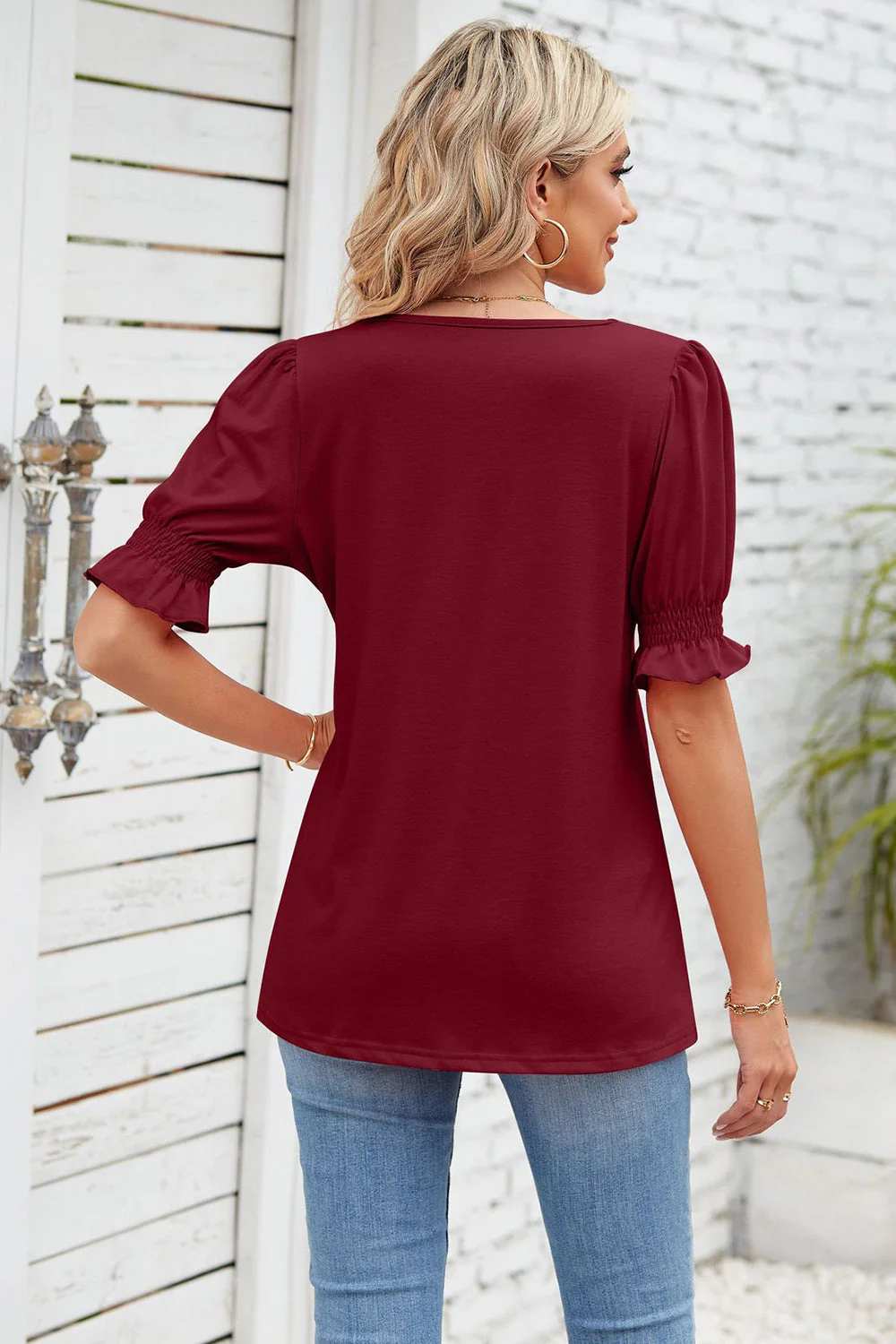 Smocked Square Neck Short Sleeve T-Shirt - Image 8